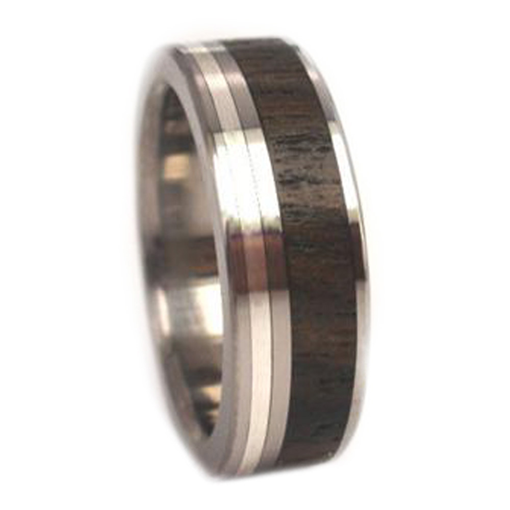 Ziricote Wood,14K White Gold Inlay 7mm Comfort Fit Polished Titanium Band. 