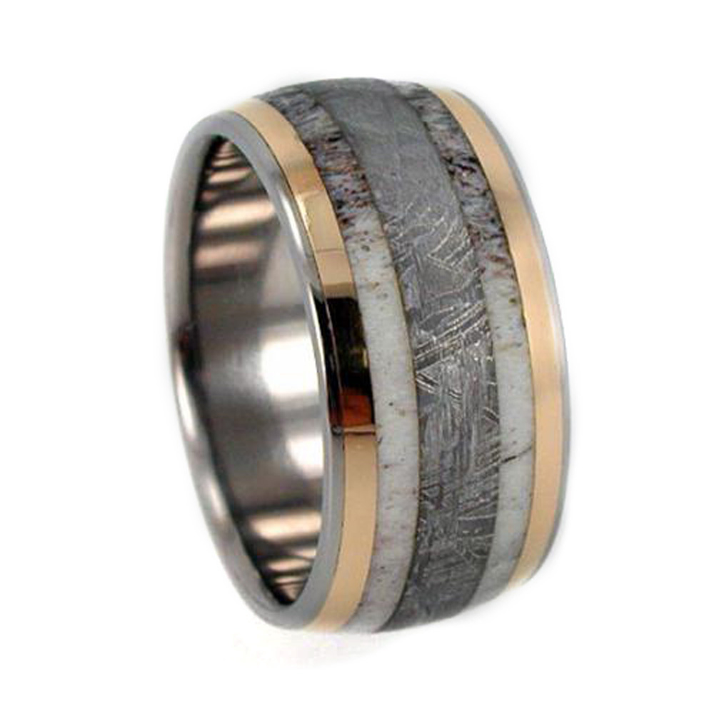 Deer Antler , Gibeon Meteorite, 18k Yellow Gold Inlay 10mm Comfort Fit Polished Titanium Band. 