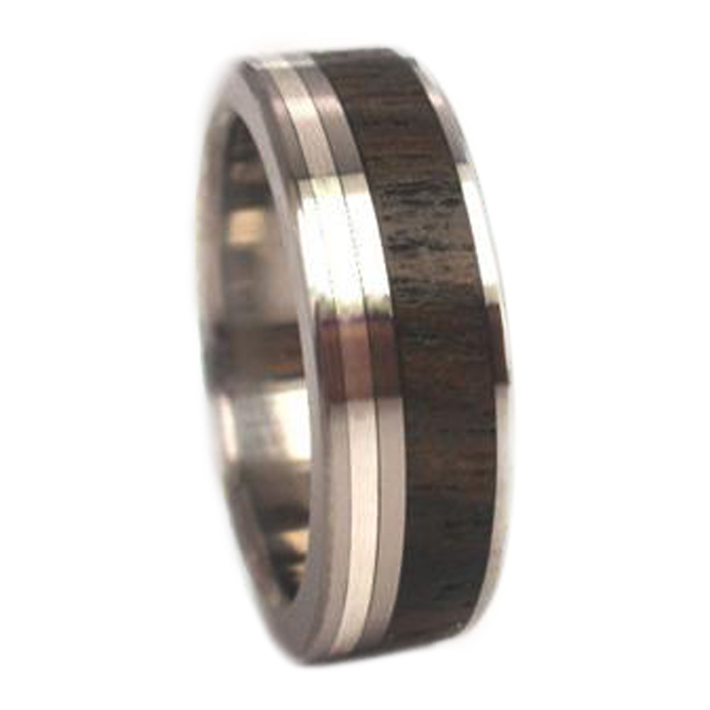 Ziricote Wood ,10k White Gold Inlay 7mm Comfort Fit Polished Titanium Band. 