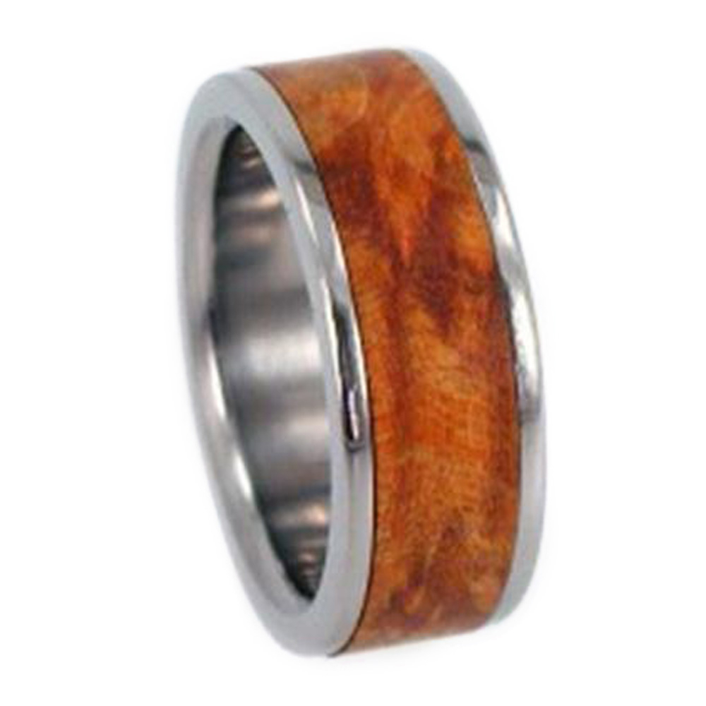 Gold Box Elder Burl Inlay 6mm Comfort Fit Titanium Band. 