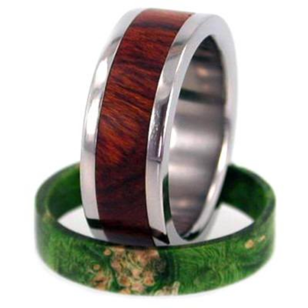 Interchangeable Two Wood 8mm Comfort-Fit Titanium Ring. 