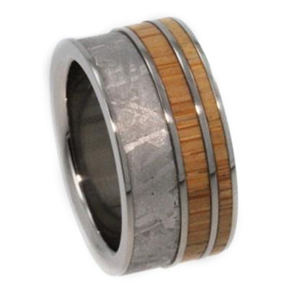 Bamboo, Meteorite Inlay 9.5mm Comfort Fit Polished Titanium Band. 