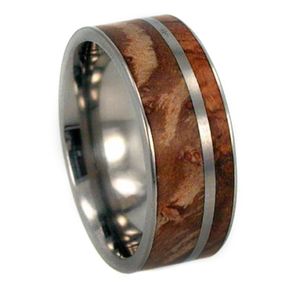 Buckeye Burl Pinstripe 8mm Comfort Fit Titanium Wedding Band. 