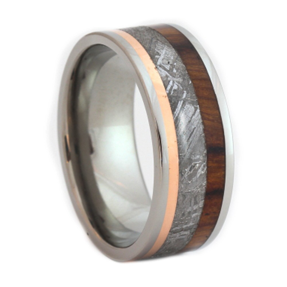 Gibeon Meteorite, Ironwood, Copper Inlay 8mm Comfort Fit Titanium Band 