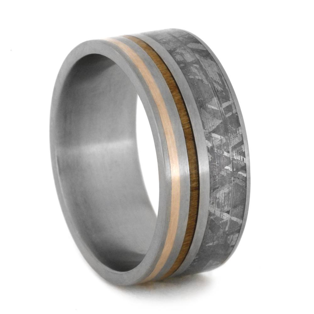 Gibeon Meteorite, Kauri Wood, 14k Rose Gold Inlay 9mm Comfort Fit Titanium Band. 