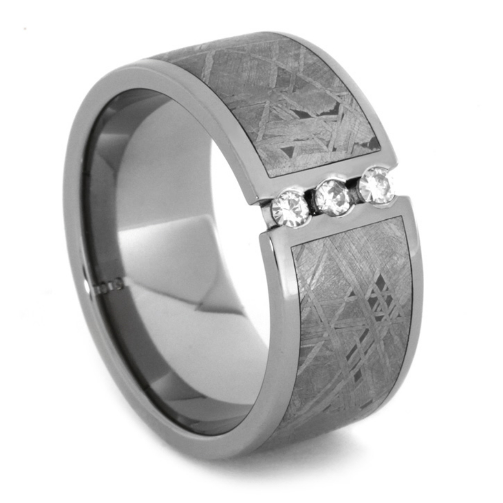 Moissanite ,Meteorite ,Sterling Silver Faux Tension Set Inlay 11mm Comfort Fit Titanium Band. 