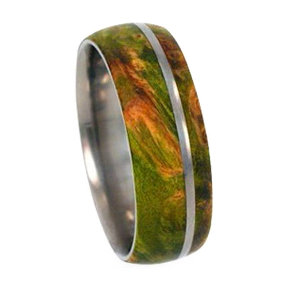 Green Box Elder Burl Inlay 8mm Comfort Fit Titanium Band. 