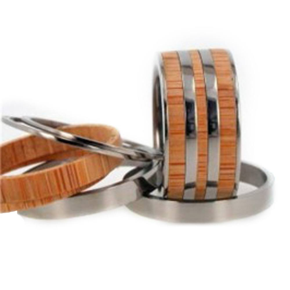 Interchangeable Bamboo Wood Inlay 8mm Comfort-Fit Titanium Rings. 