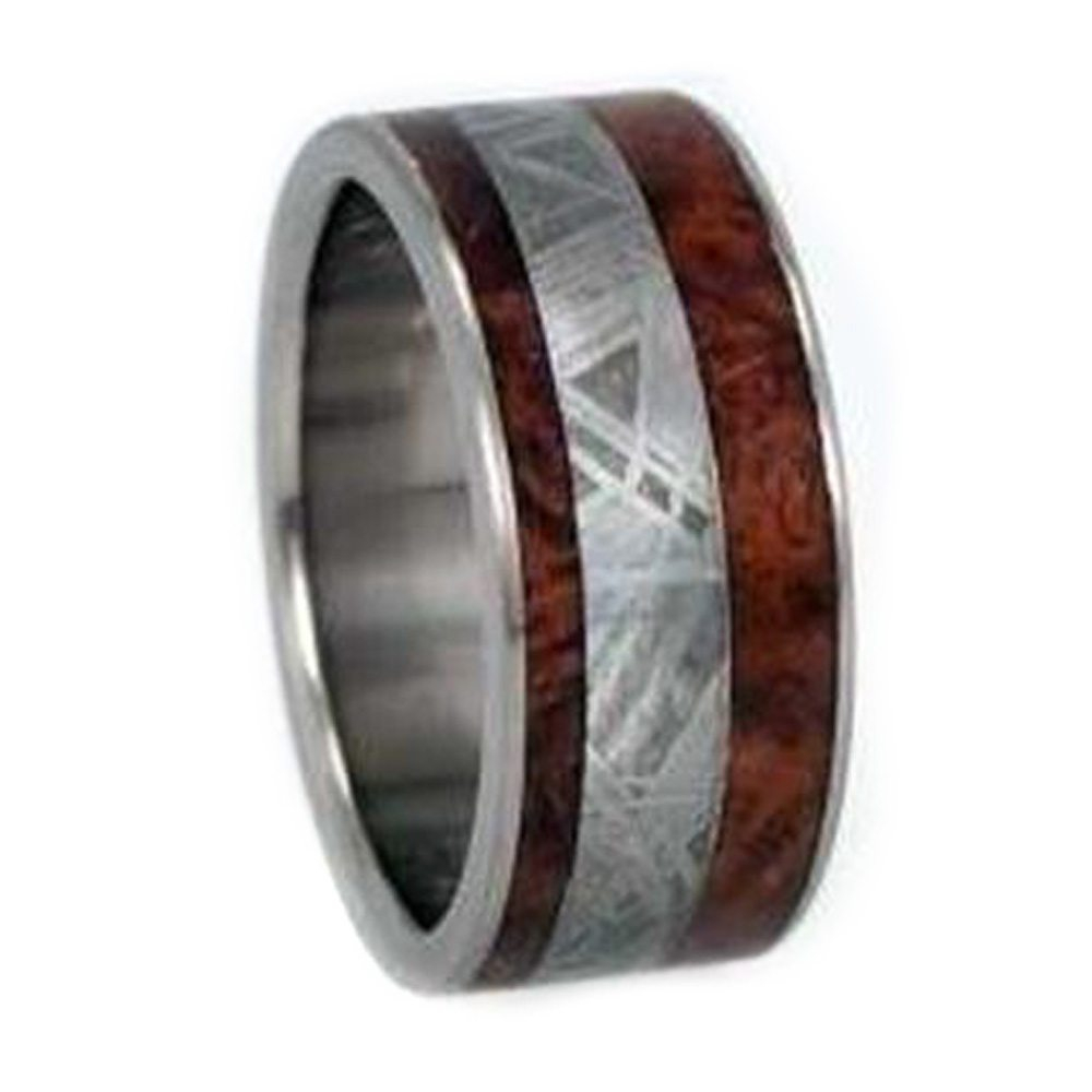 Afzelia Wood ,Meteorite Inlay 10mm Comfort Fit Matte Titanium Wedding Band. 