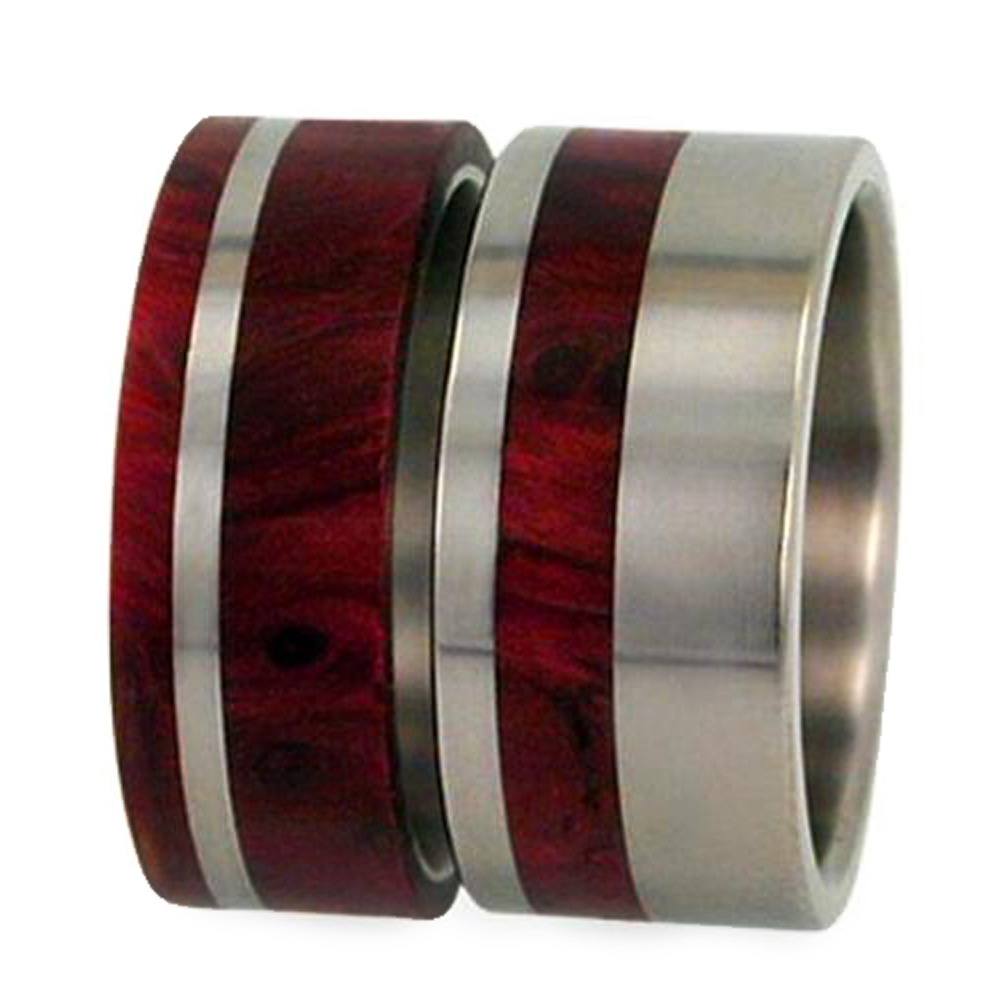 Redwood, Titanium Pinstripe Band, Men's Redwood Stripe Ring and His and Hers Titanium Wedding Band Set.