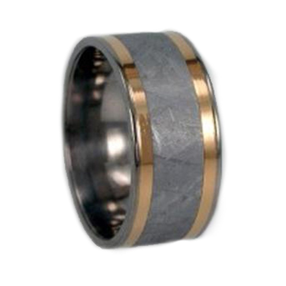 Meteorite, 18K Yellow Gold Inlay 10mm Comfort Fit Polished Titanium Band. 