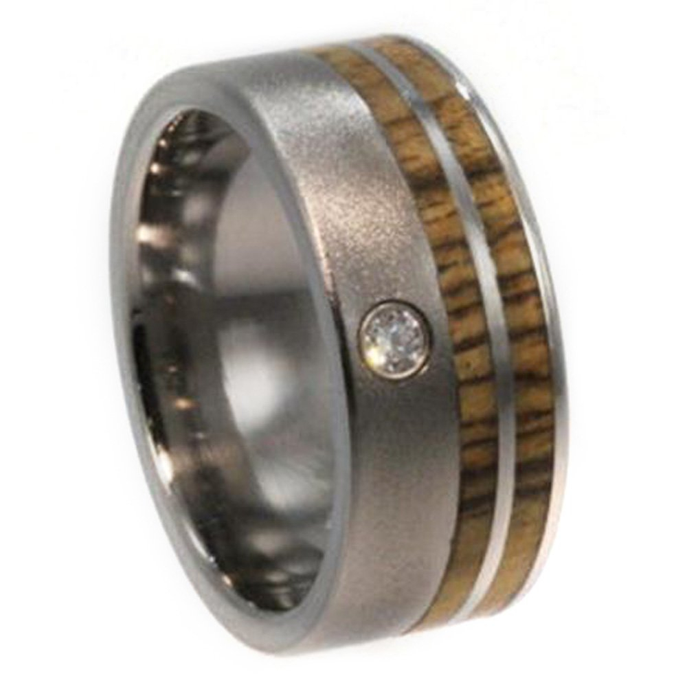 Diamond, Bocote Wood Inlay 10mm Comfort Fit Frosted Titanium Band. 