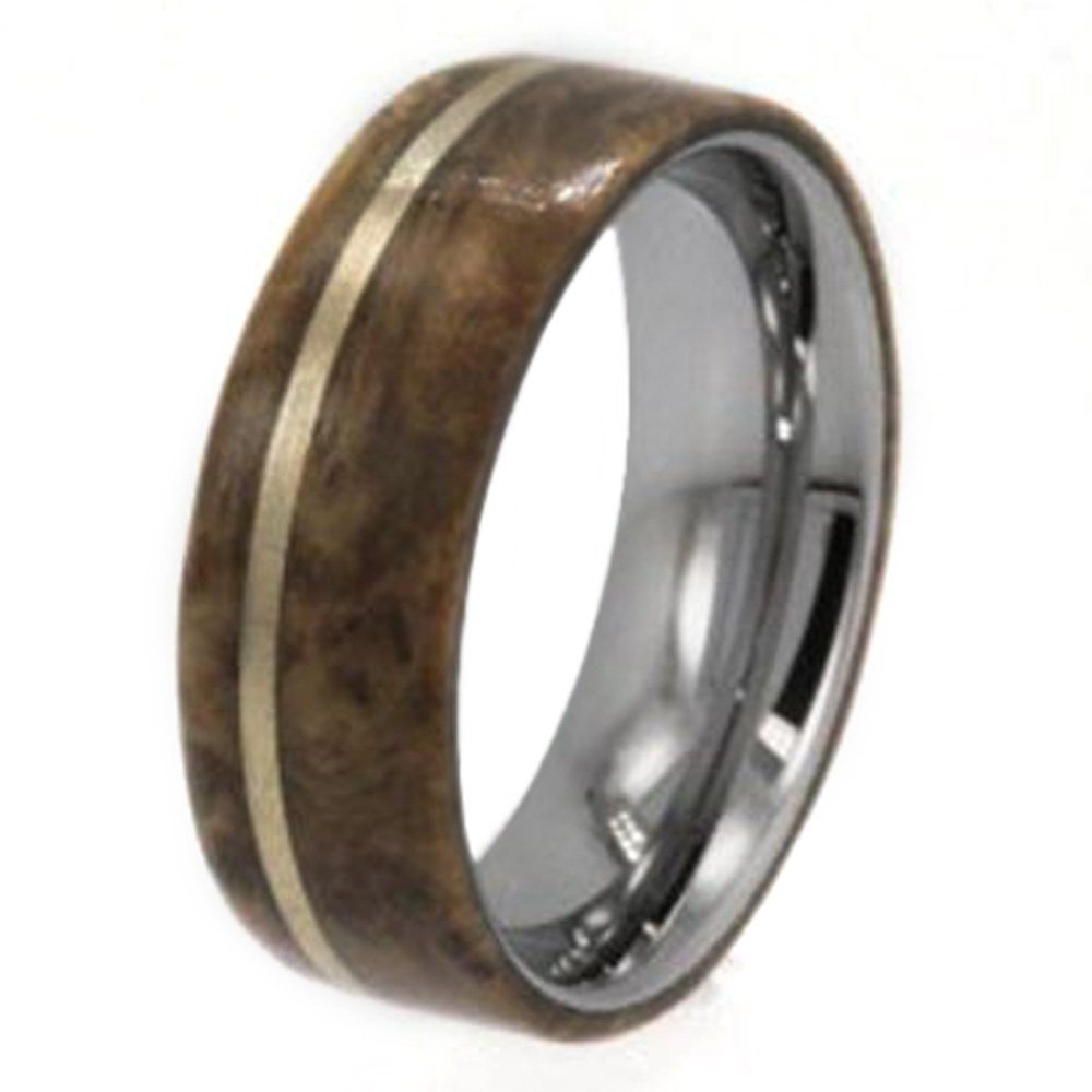 Buckeye Burl, 14K Yellow Gold Inlay 8mm Comfort Fit Polished Titanium Band. 