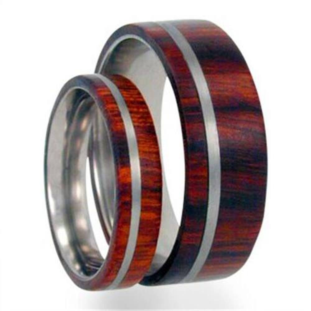 Ironwood Overlay, Titanium Pinstripe Ring and His and Hers Wedding Band Set.