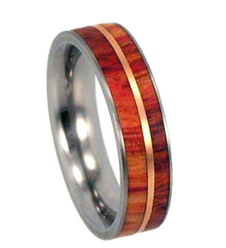 Rose Gold, Tulip Wood Inlay 6.5mm Comfort Fit Polished Titanium Band.