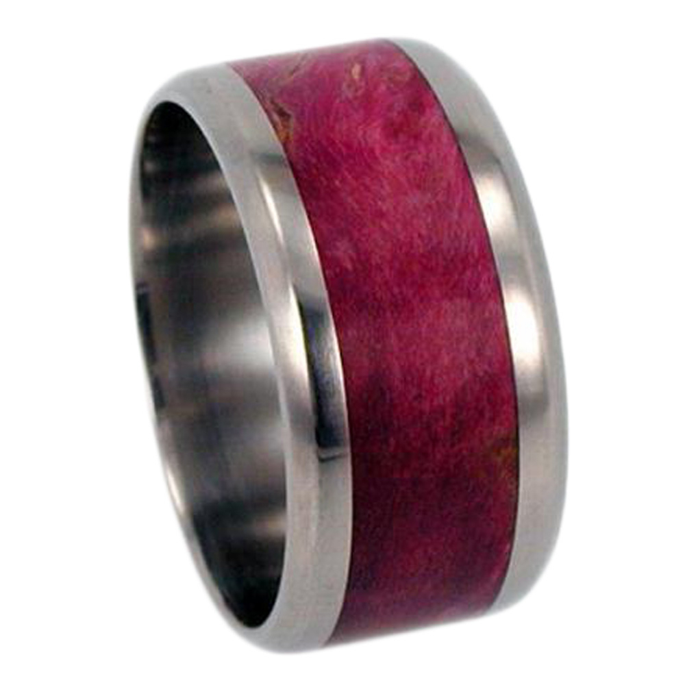 Magenta Box Elder Burl Inlay 8mm Comfort Fit Polished Titanium Band 