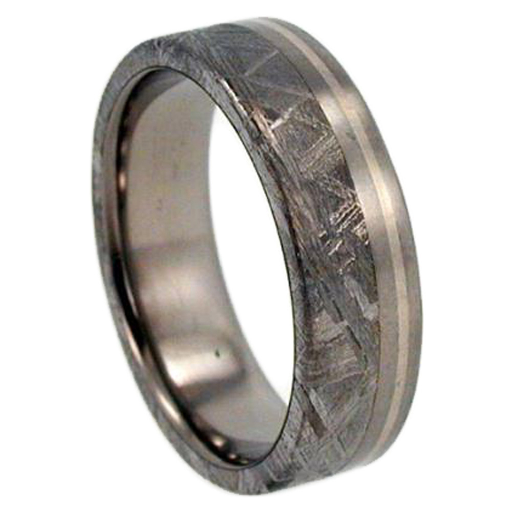 Gibeon Meteorite ,14k White Gold Inlay 6.5mm Comfort Fit Matte Titanium Band 