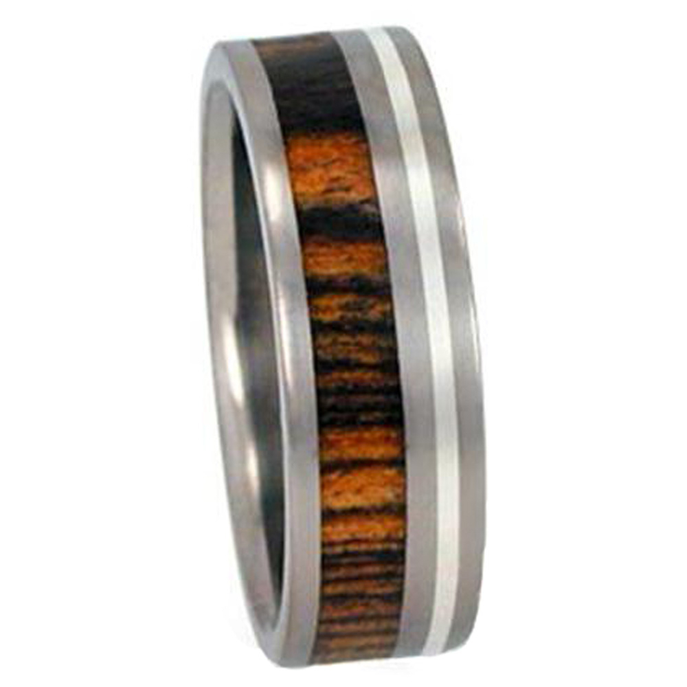 Bocote Wood, Sterling Silver Inlay 7mm Comfort Fit Titanium Band 