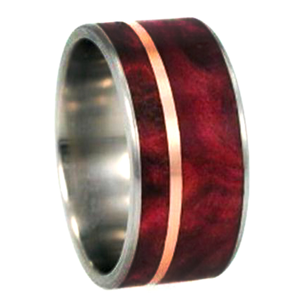 Redwood, 14k Rose gold Inlay 10mm Comfort Fit Matte Titanium Band. 