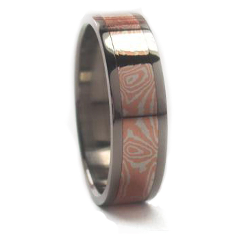 Copper Silver Mokume Inlay 6mm Comfort Fit Polished Titanium Band. 