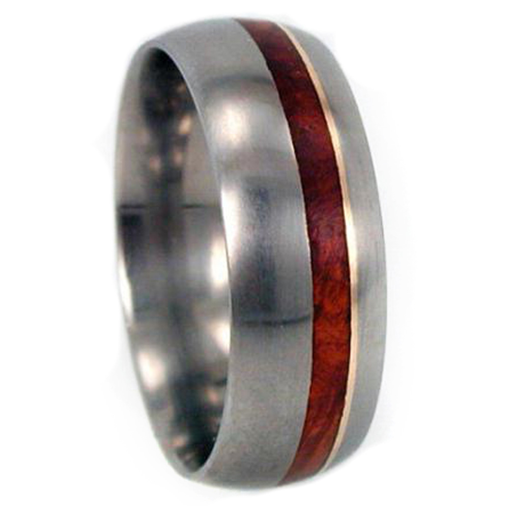 Amboyna Burl, 14k Yellow Gold Inlay 8mm Comfort Fit Polished Band 