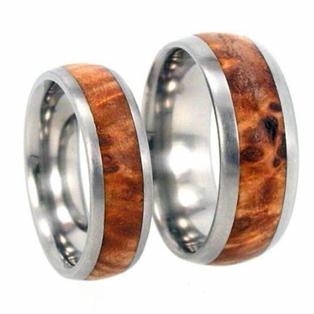 Black Ash Burl Wood Inlay Titanium Ring and His and Hers Wedding Band Set.