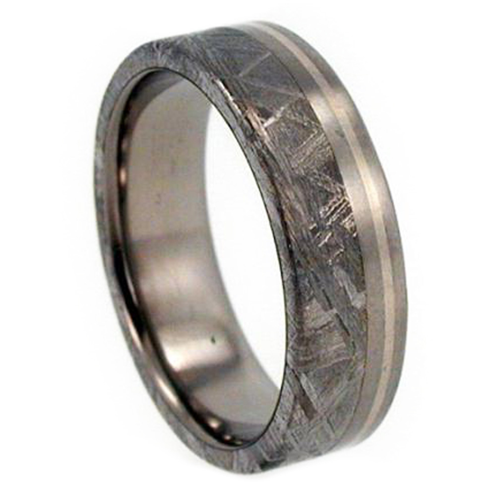 Gibeon Meteorite, Platinum Stripe 9mm Comfort Fit Flat Titanium Wedding Band. 