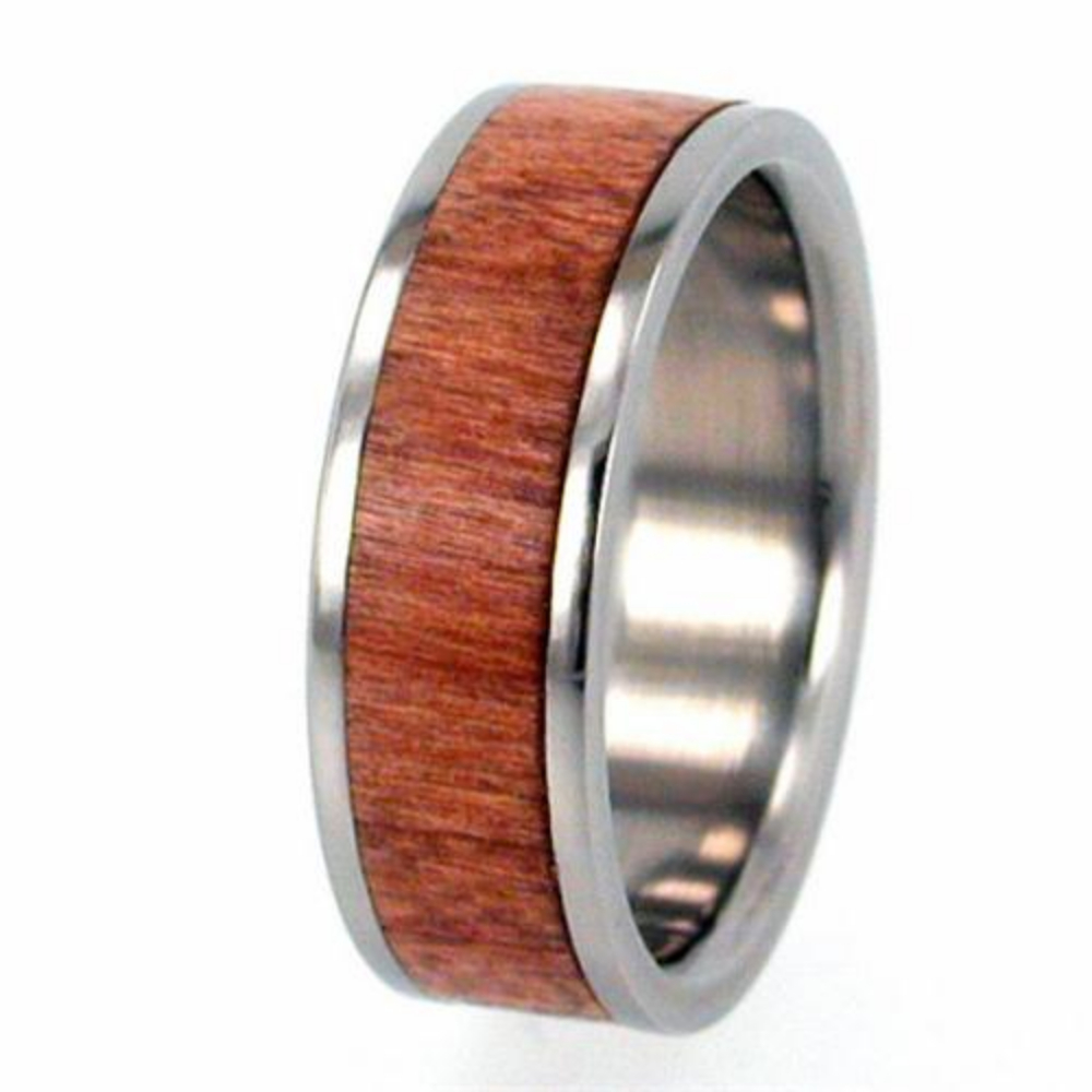 Cherry Wood Inlay 8mm Comfort Fit Polished Titanium Band. 