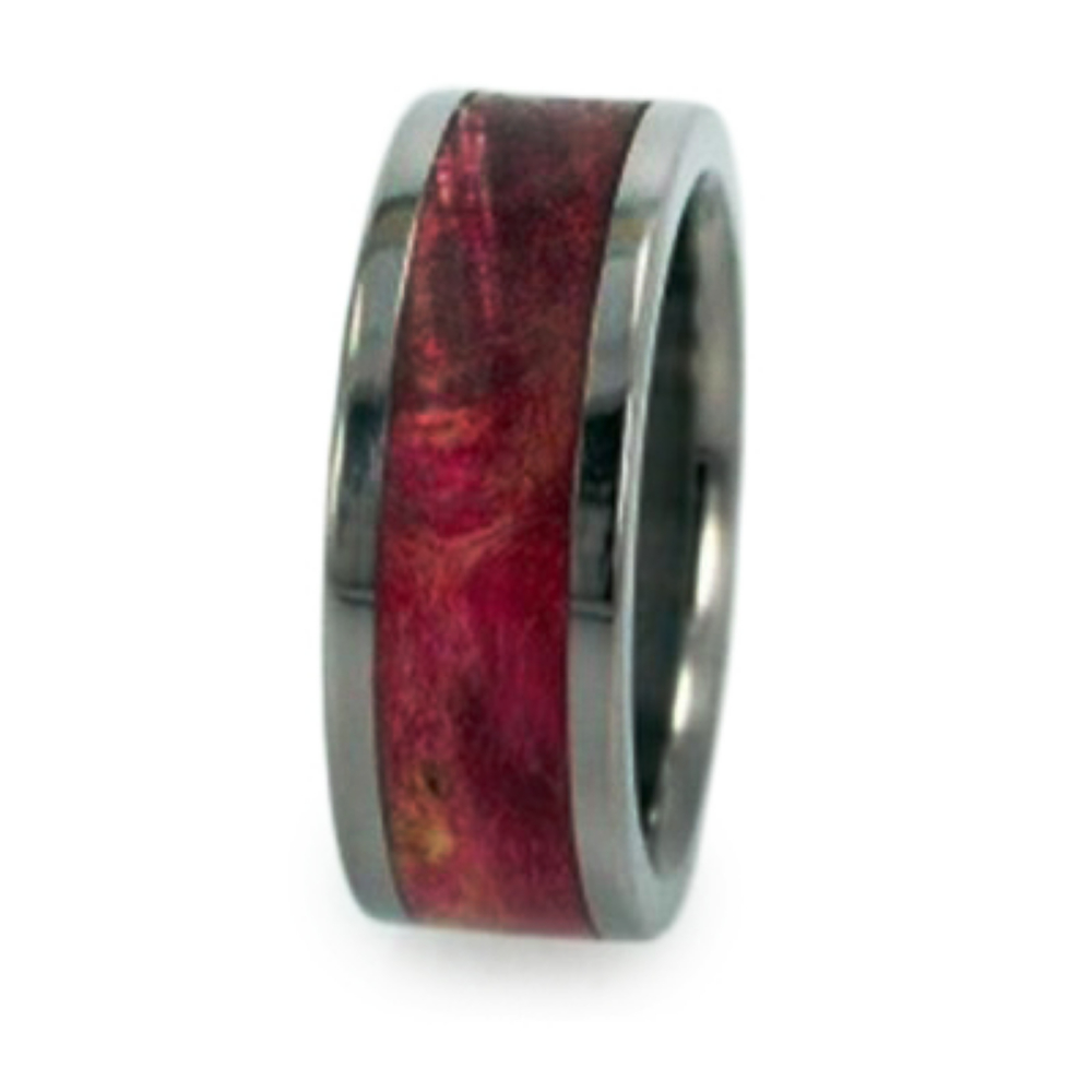 Magenta Burl Inlay 8mm Comfort Fit Polished Titanium Band. 