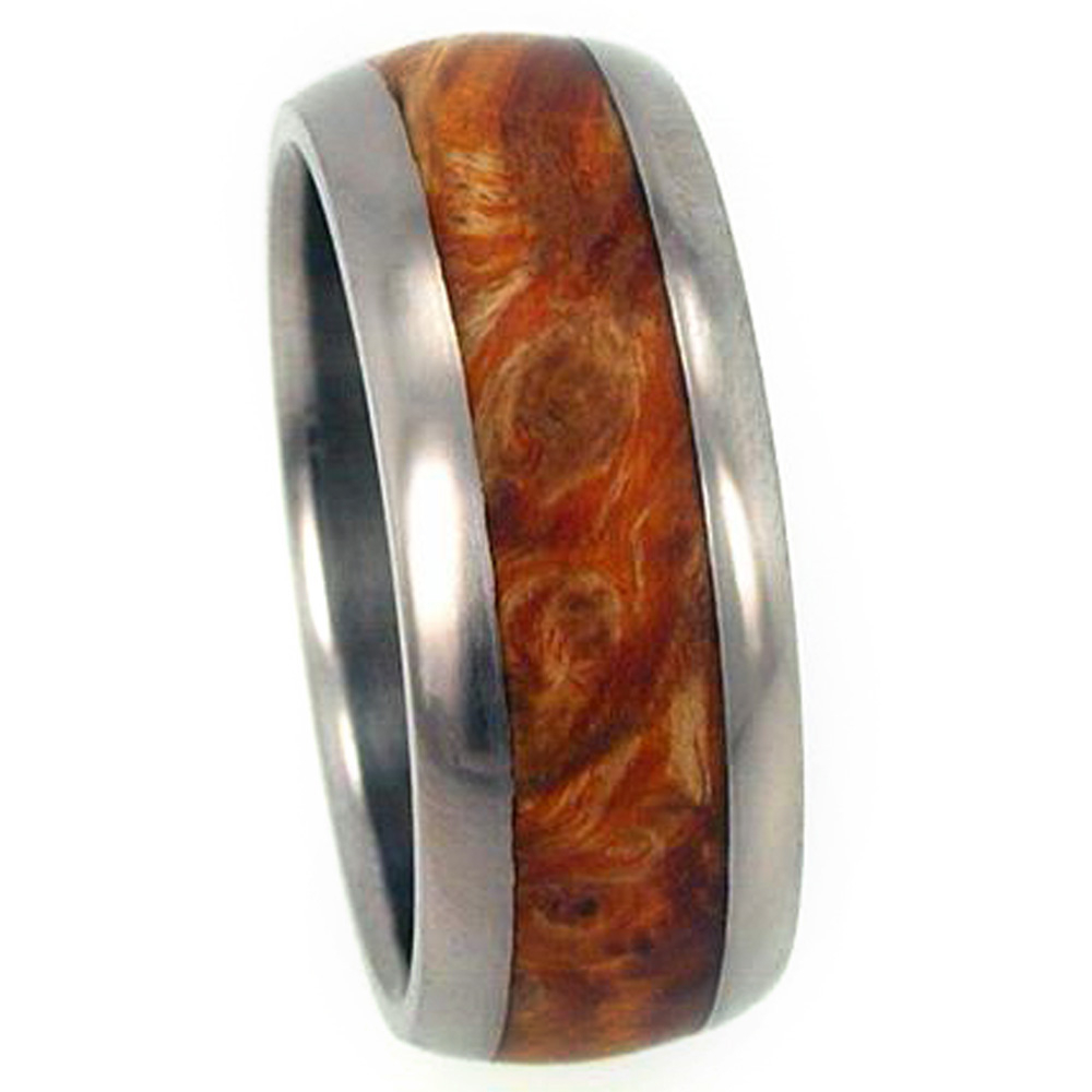 Gold Box Elder Burl Inlay 10mm Comfort Fit Polished Titanium Band. 