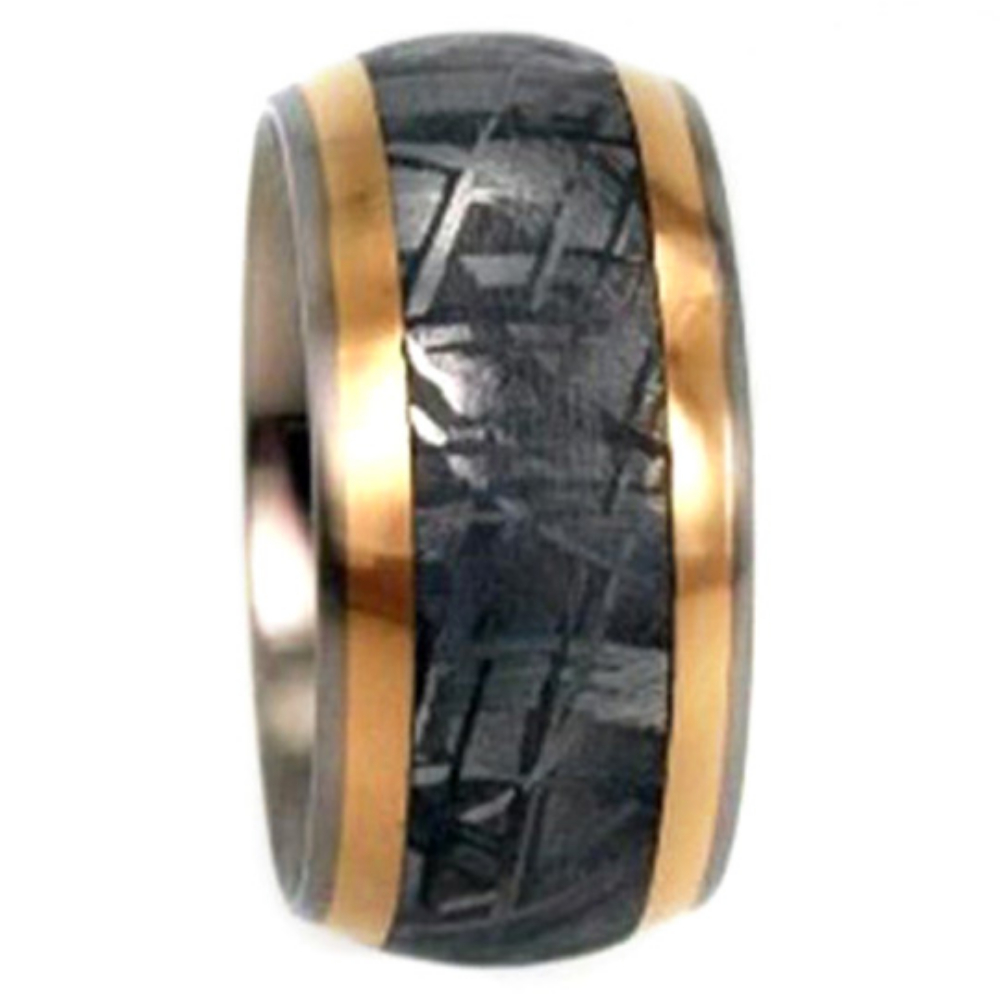 18k Yellow Gold, Meteorite Inlay 8mm Comfort Fit Titanium Wedding Band 