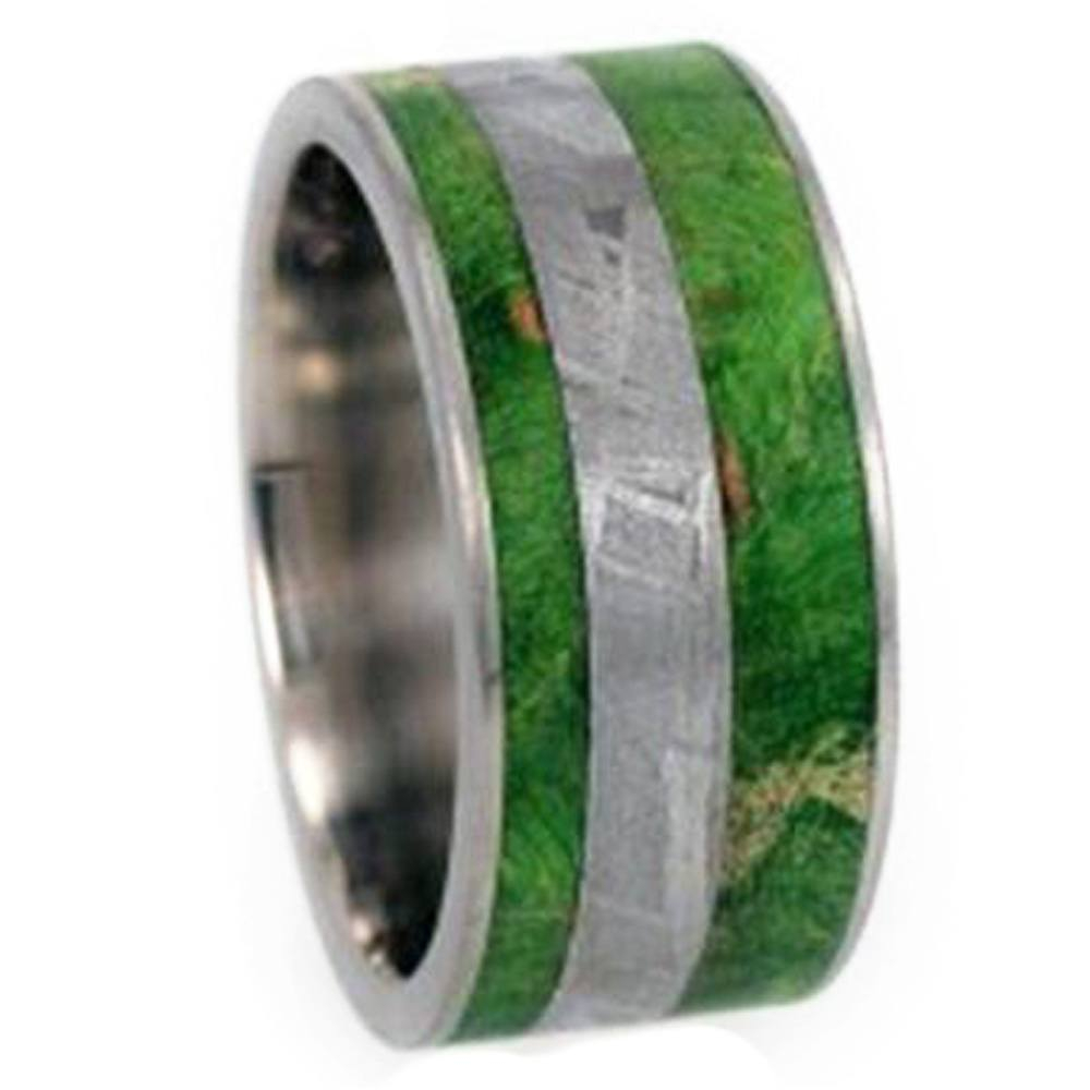 Green Box Elder Burl wood, Meteorite Inlay 10mm Comfort Fit Matte Titanium Band. 