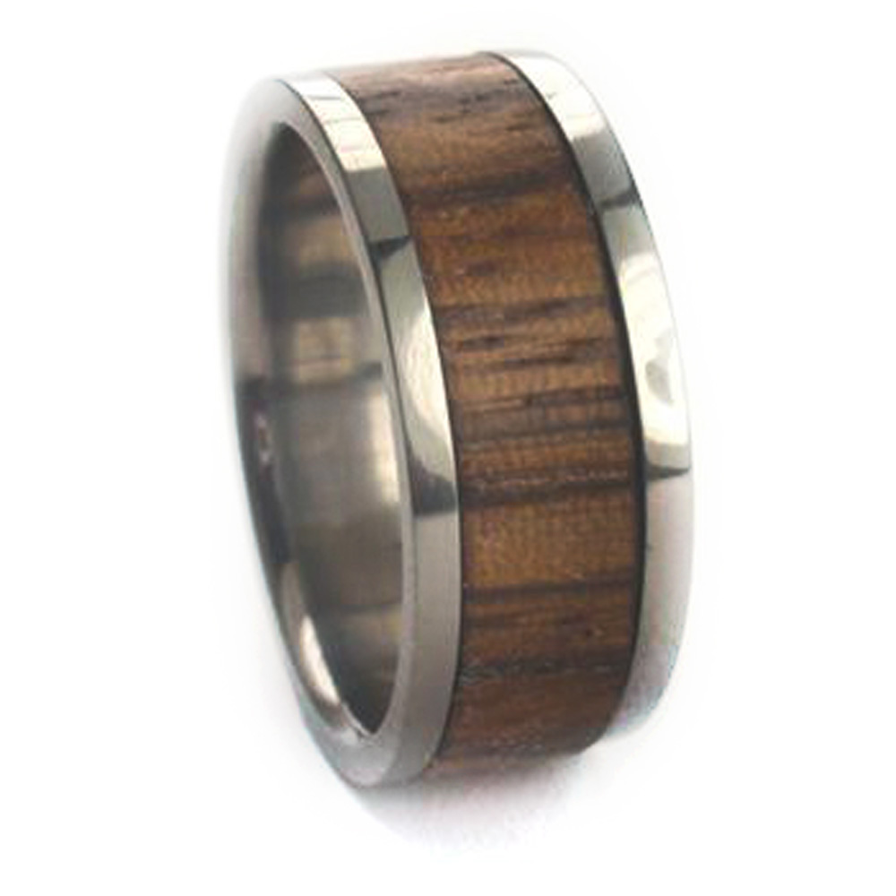 Zebrawood Inlay 8mm Comfort Fit Polished Titanium Band. 