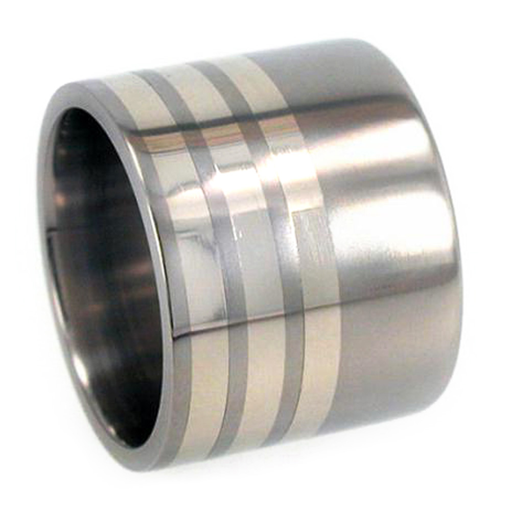 Silver Stripes Inlay 15mm Comfort Fit Polished Titanium Band. 