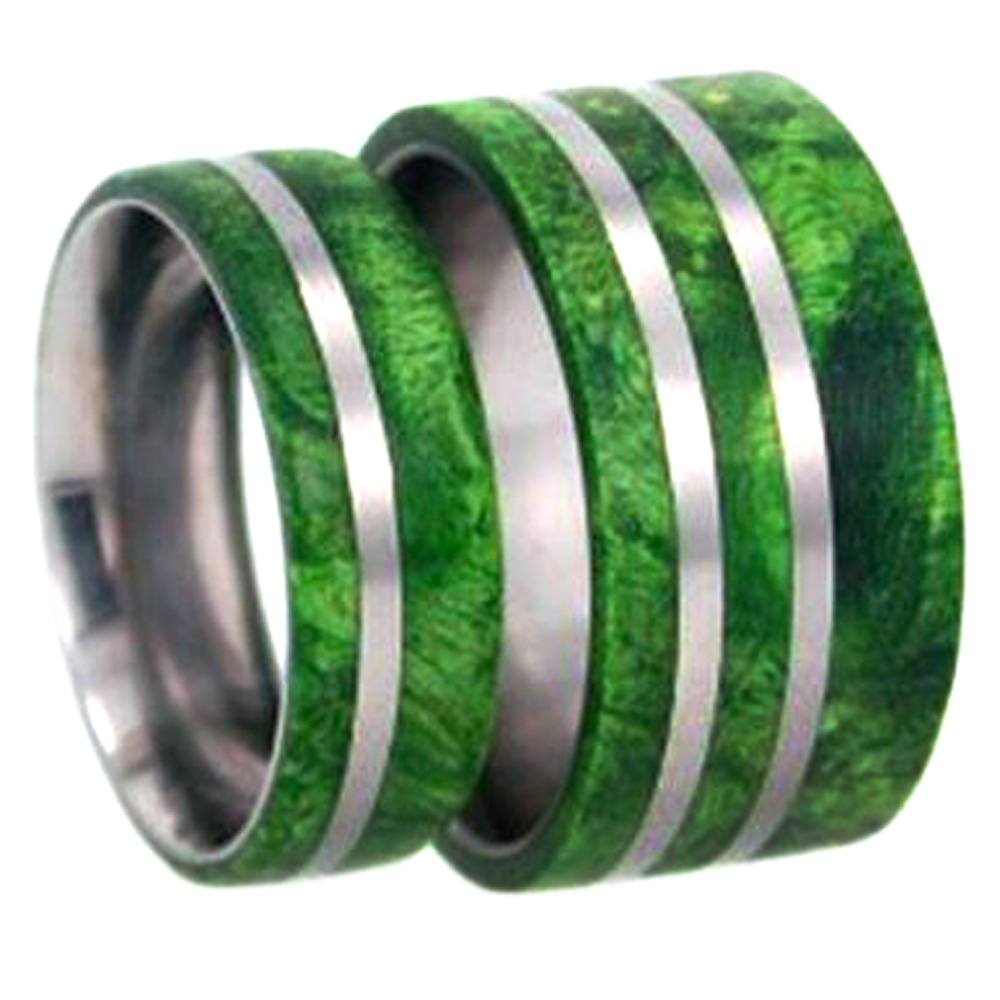 His and Hers Wedding Band Set, Green Box Elder Burl Wood Titanium Ring.