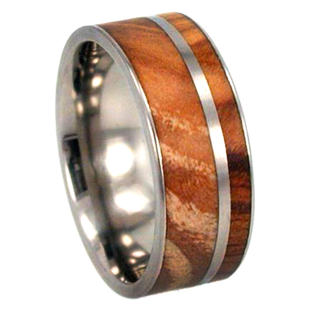 Titanium Sleeve Pinstripe, Olive Wood inlay 8mm Comfort Fit Flat Ring. 