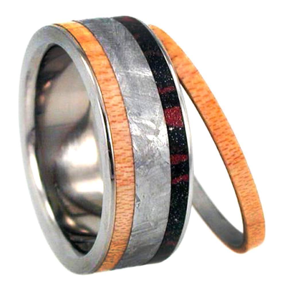 Interchangeable Meteorite, Maplewood and Mokume 8mm Comfort-Fit Polished Titanium Band. 