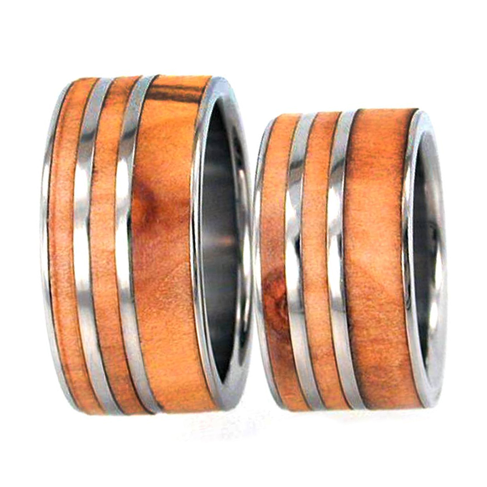 His and Hers Titanium Wedding Band Set, Rowan Wood, Titanium Pinstripes Inlay Interchangeable Ring.