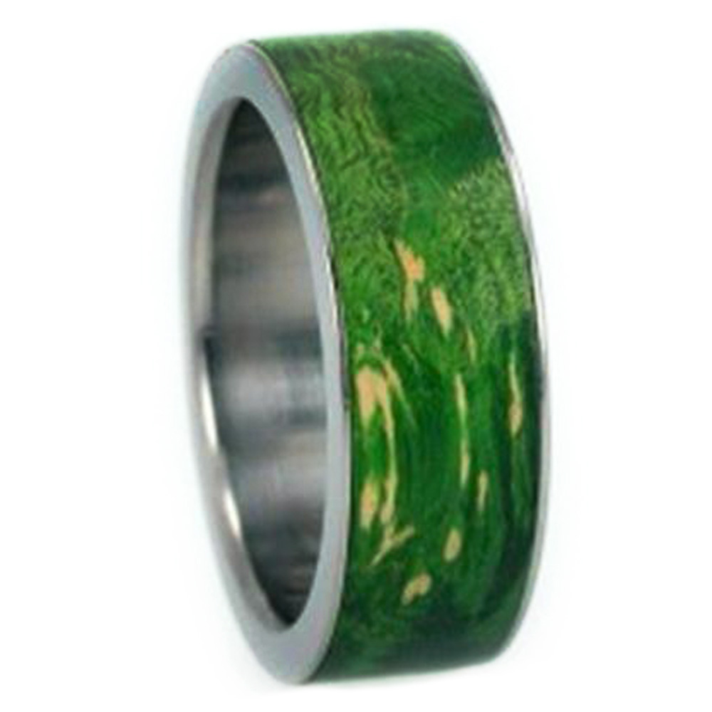 Peridot Burl Wood Inlay 8 mm Comfort Fit Polished Titanium Band. 