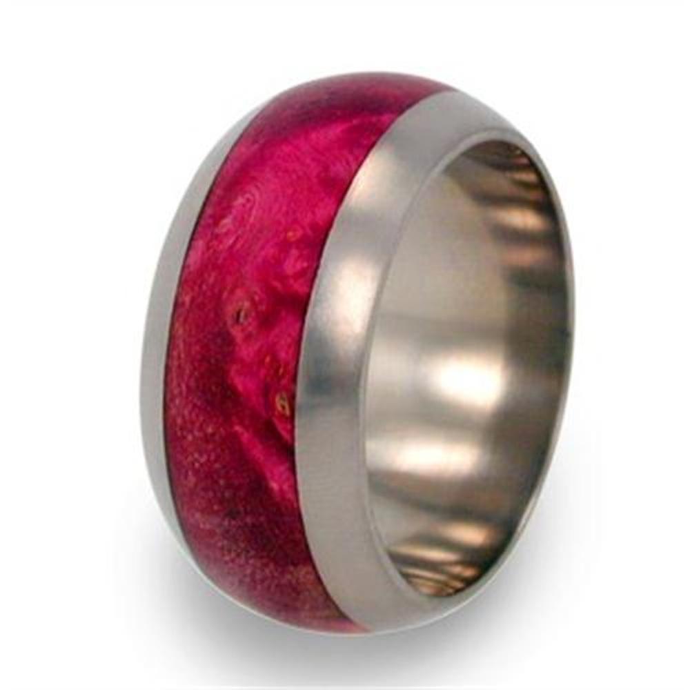 Magenta Box Elder Burl Inlay 10mm Comfort Fit Matte Titanium Band. 