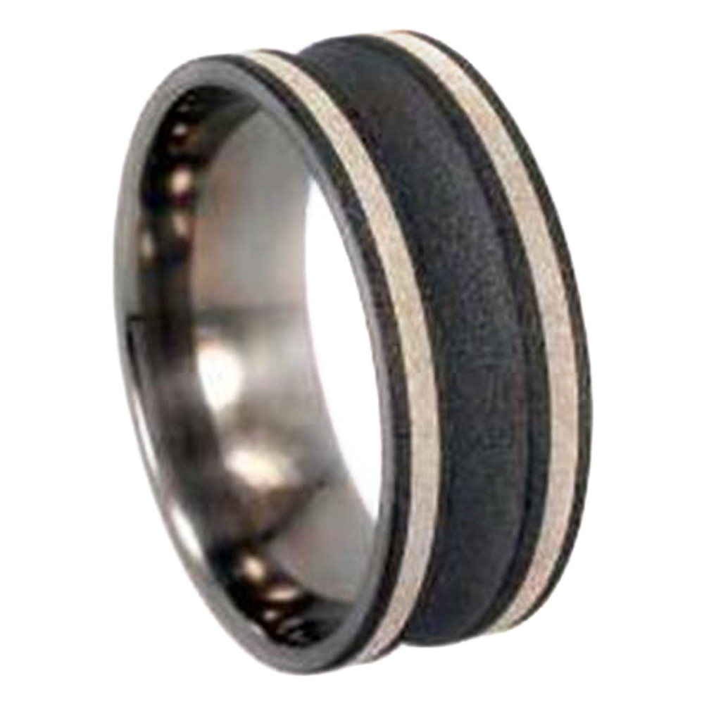 Sterling silver pinstripes 9mm Comfort Fit Sandblasted Titanium Wedding Band. 