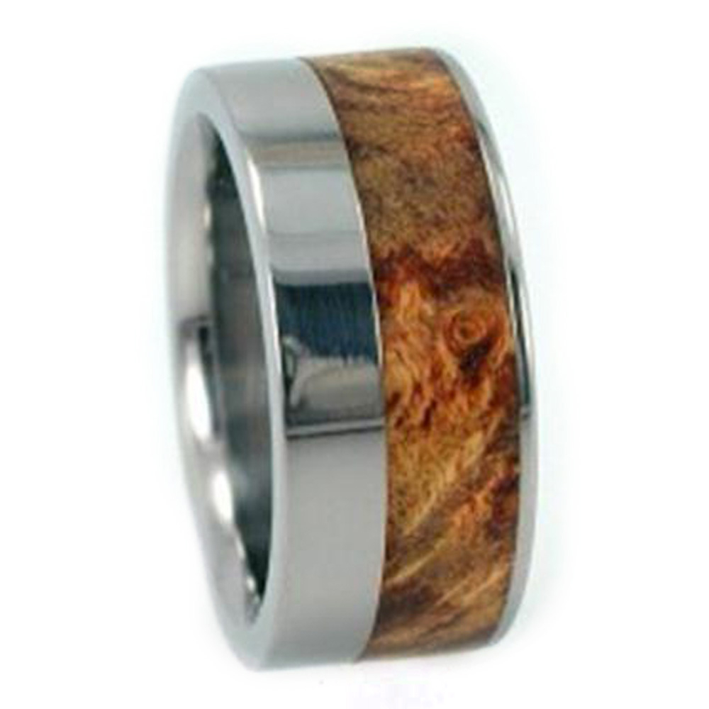 Buckeye Burl Inlay 10mm Comfort Fit Polished Titanium Band 