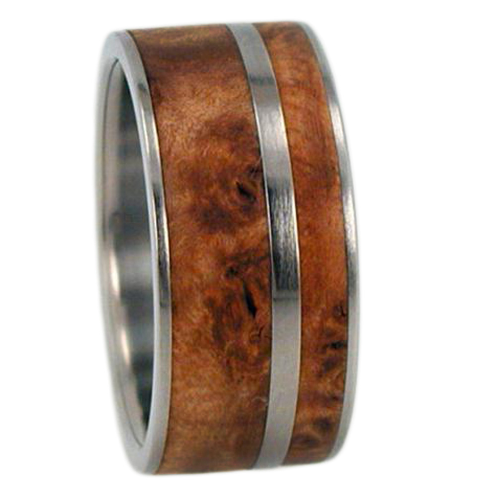 Interchangeable Custom Amboyna Wood Ring Inlay 9mm Comfort Fit Titanium Band. 