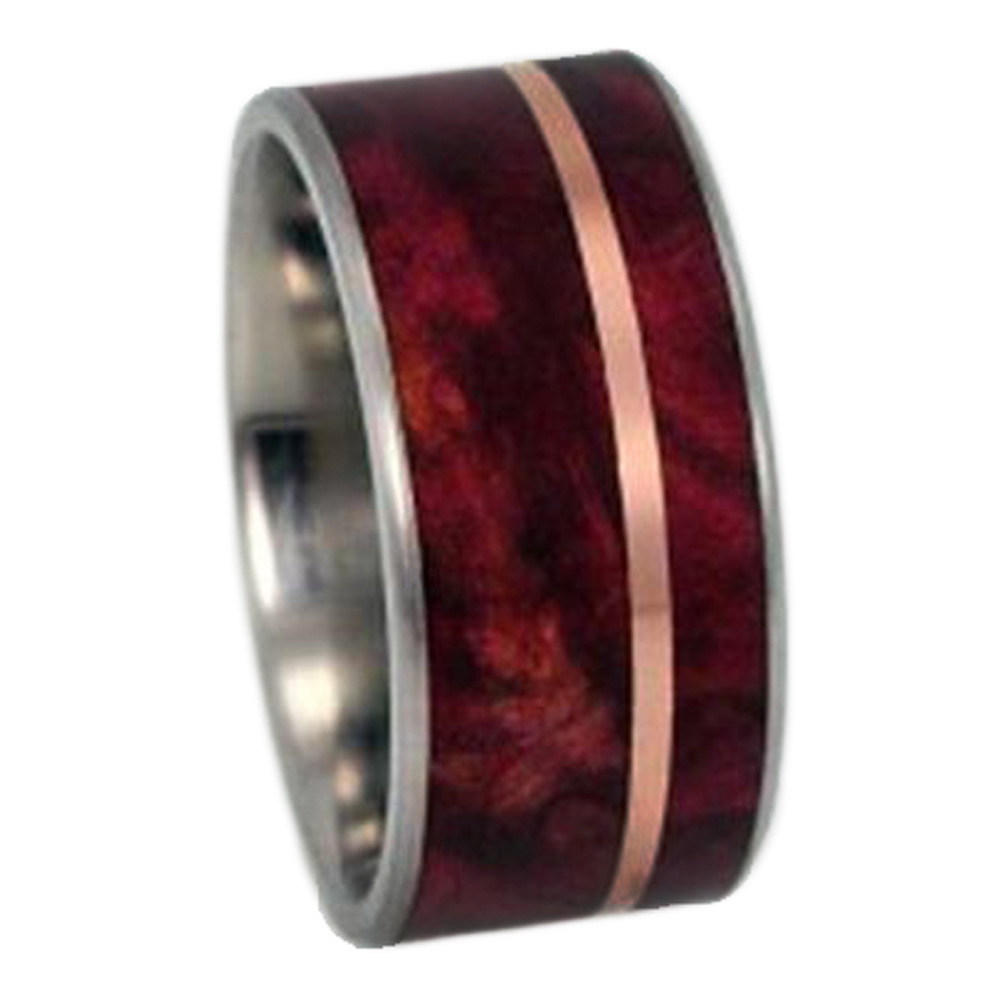 Redwood,14k Rose Gold Inlay 10mm Comfort Fit Matte Titanium Band. 