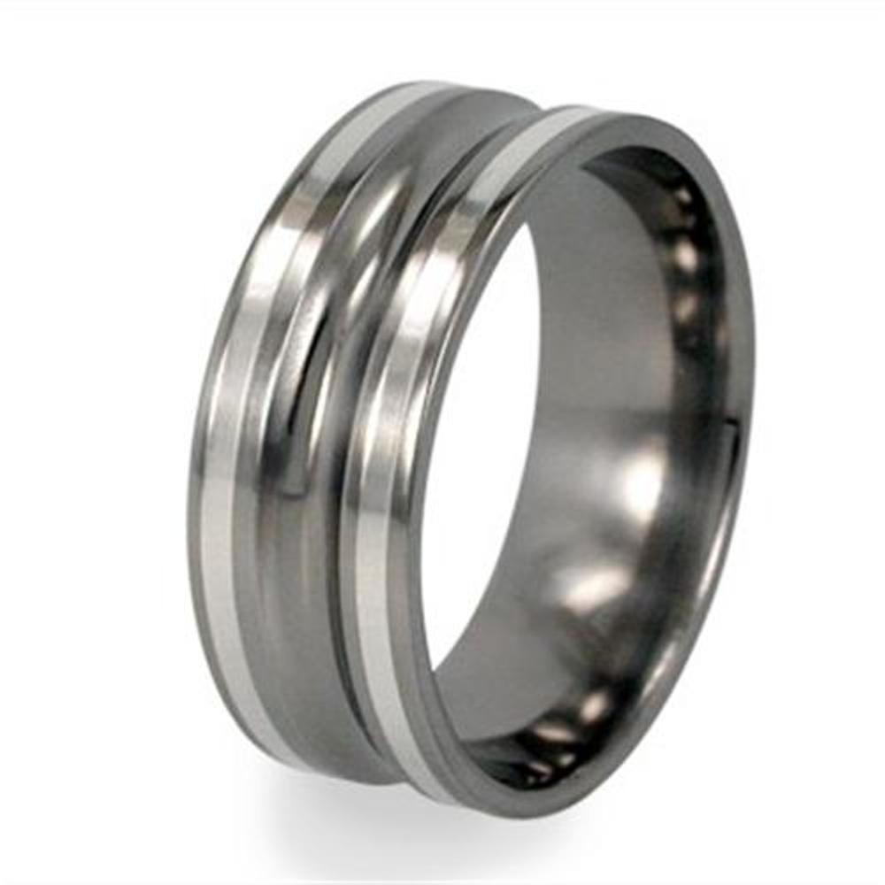 Scoop Style Sterling Silver Inlay 8mm Comfort Fit Titanium Band. 