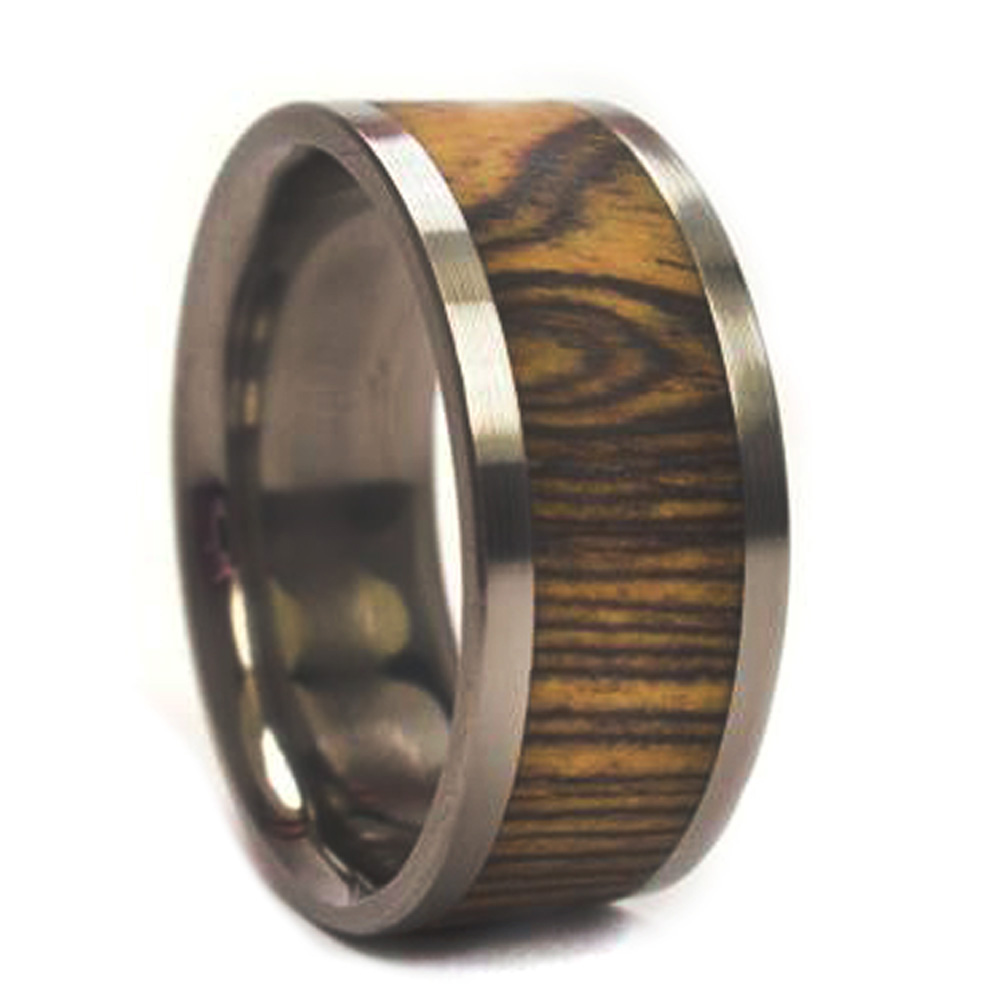 Bocote Wood Inlay 8mm Comfort Fit Polished Titanium Band. 