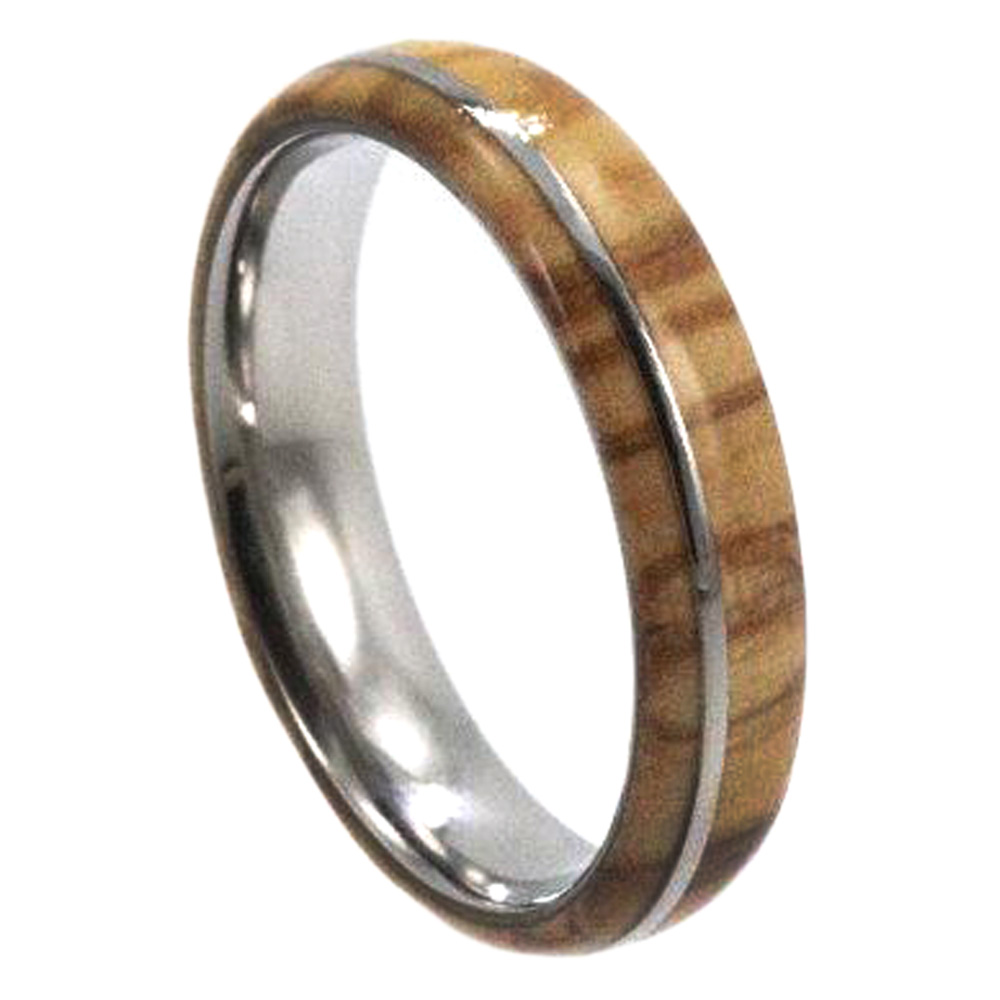 Olive Wood, Titanium Inlay 5mm Comfort Fit Titanium Wedding Band. 