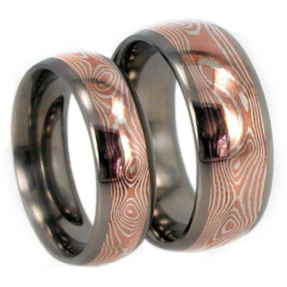 His and Hers Wedding Band Set, Copper and Silver Mokume Gane Titanium Ring.