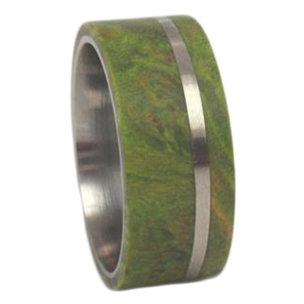 Green Box Elder Burl Inlay 8mm Comfort Fit Polished Titanium Band. 