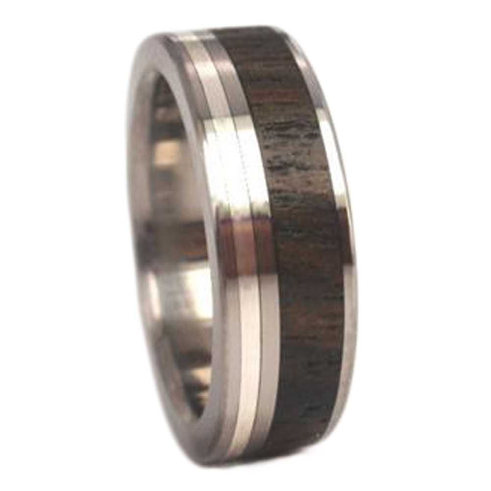 Sterling Silver Pinstripe , Ziricote Wood Inlay 7mm Comfort Fit Polished Titanium Band. 